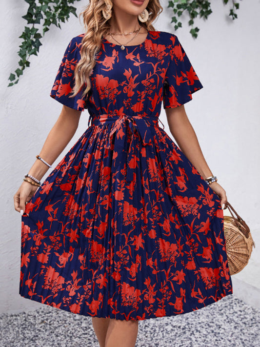 Floral Dresses- Floral Pleated Belt Tie Midi Dress in A-Line with Short Sleeves- Red- Pekosa Women Clothing