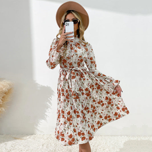 Floral Dresses- Floral Pleated Long Sleeve Belt Tie Dress- khaki- Pekosa Women Clothing