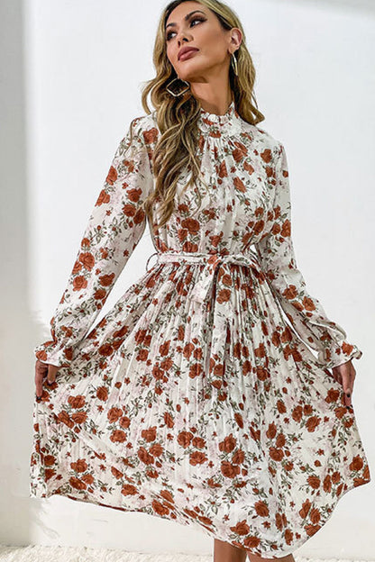 Floral Dresses- Floral Pleated Long Sleeve Belt Tie Dress- - Pekosa Women Clothing