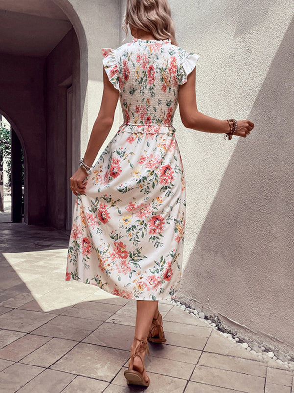 Floral Dresses- Floral Print A-Line Sleeveless Midi Dress with Smocked Bodice and Slit- - Pekosa Women Clothing