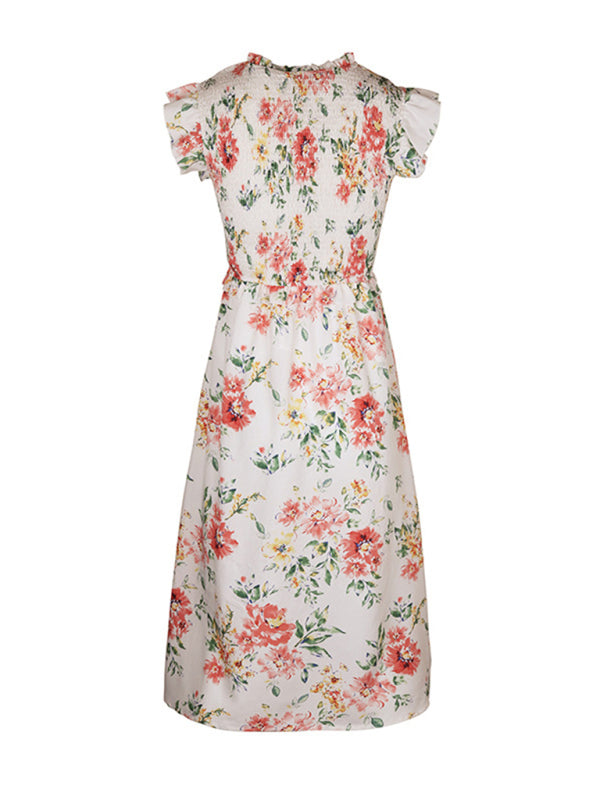 Floral Dresses- Floral Print A-Line Sleeveless Midi Dress with Smocked Bodice and Slit- - Pekosa Women Clothing