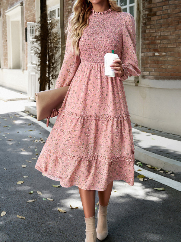 Floral Dresses- Floral Print Long Sleeve A-Line Smocked Dress with Tiered Ruffles- Pink- Pekosa Women Clothing