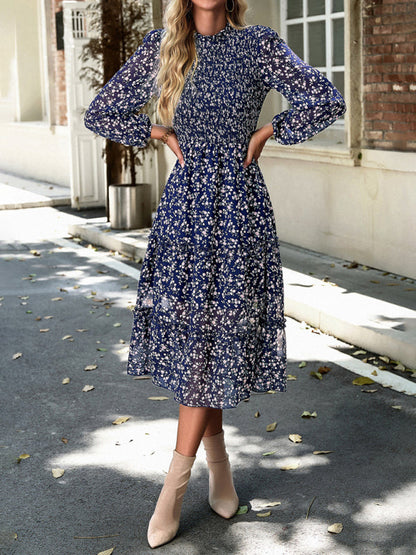 Floral Dresses- Floral Print Long Sleeve A-Line Smocked Dress with Tiered Ruffles- Champlain color- Pekosa Women Clothing