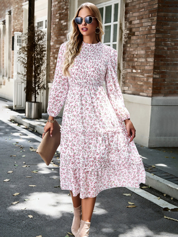 Floral Dresses- Floral Print Long Sleeve A-Line Smocked Dress with Tiered Ruffles- - Pekosa Women Clothing