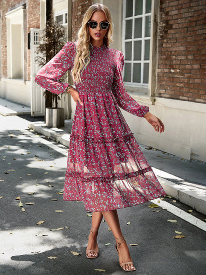 Floral Dresses- Floral Print Long Sleeve A-Line Smocked Dress with Tiered Ruffles- - Pekosa Women Clothing