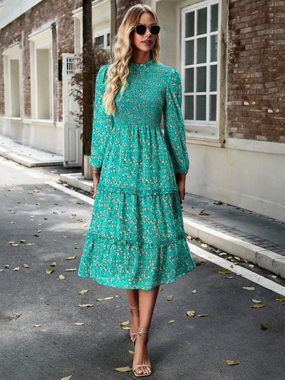 Floral Dresses- Floral Print Long Sleeve A-Line Smocked Dress with Tiered Ruffles- Green- Pekosa Women Clothing