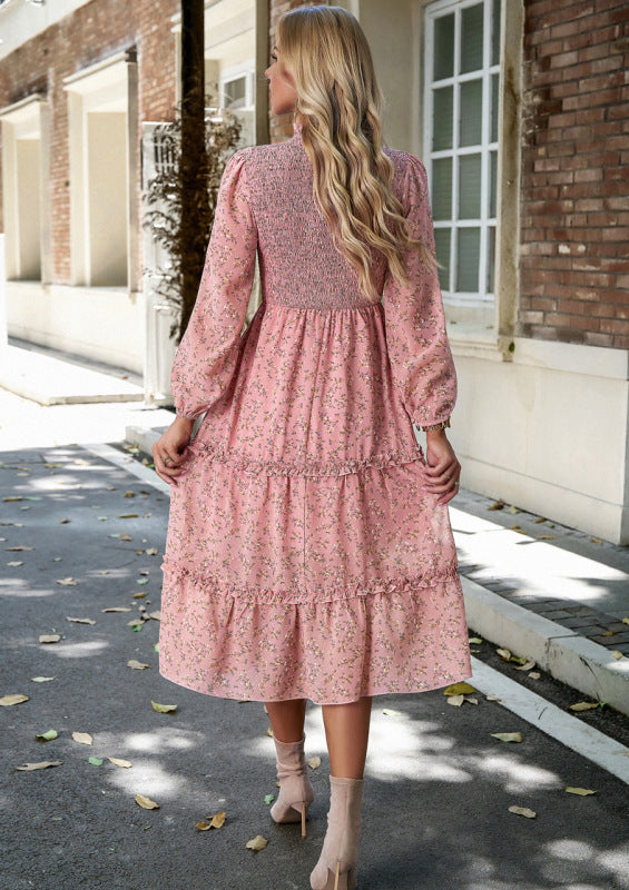 Floral Dresses- Floral Print Long Sleeve A-Line Smocked Dress with Tiered Ruffles- - Pekosa Women Clothing