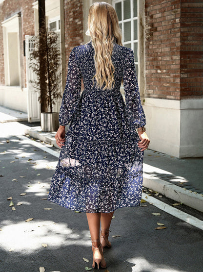 Floral Dresses- Floral Print Long Sleeve A-Line Smocked Dress with Tiered Ruffles- - Pekosa Women Clothing