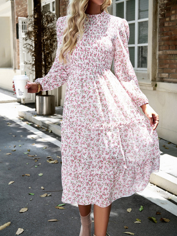 Floral Dresses- Floral Print Long Sleeve A-Line Smocked Dress with Tiered Ruffles- White- Pekosa Women Clothing