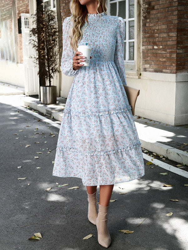 Floral Dresses- Floral Print Long Sleeve A-Line Smocked Dress with Tiered Ruffles- Clear blue- Pekosa Women Clothing