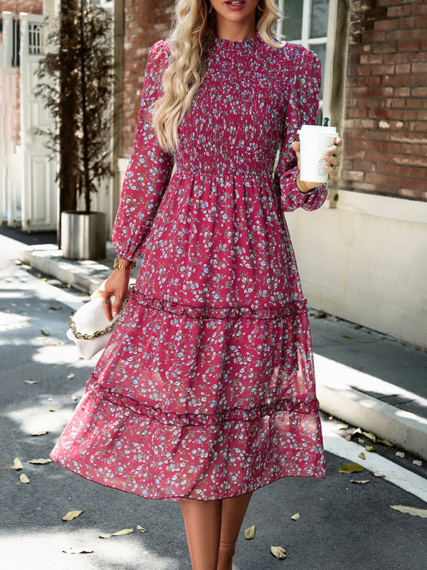 Floral Dresses- Floral Print Long Sleeve A-Line Smocked Dress with Tiered Ruffles- Wine Red- Pekosa Women Clothing