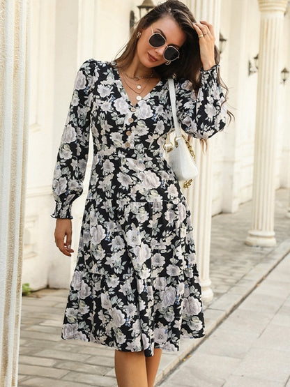 Floral Dresses- Floral Print V-Neck Tiered Long Sleeve Dress- - Pekosa Women Clothing