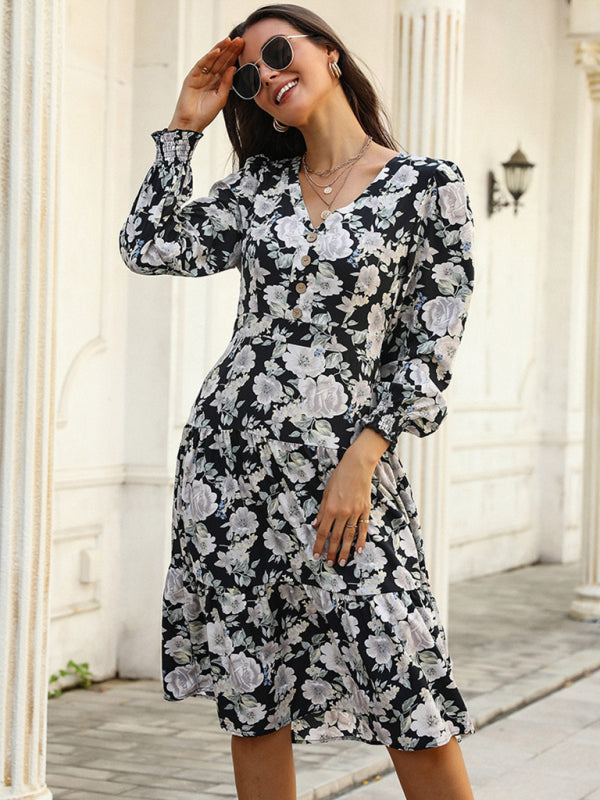 Floral Dresses- Floral Print V-Neck Tiered Long Sleeve Dress- - Pekosa Women Clothing