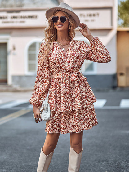 Floral Dresses- Floral Print Wrap V-Neck Double Layered Belt Tie Dress- - Pekosa Women Clothing