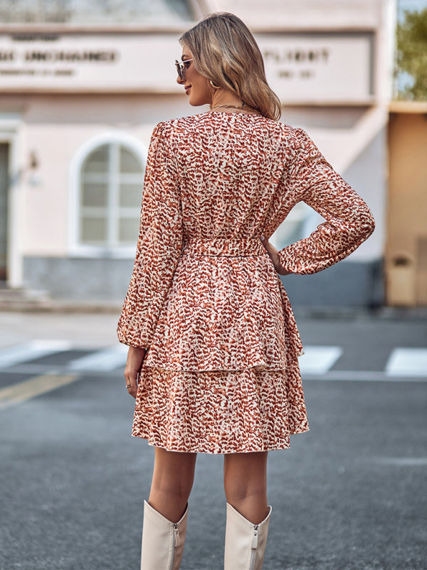 Floral Dresses- Floral Print Wrap V-Neck Double Layered Belt Tie Dress- - Pekosa Women Clothing