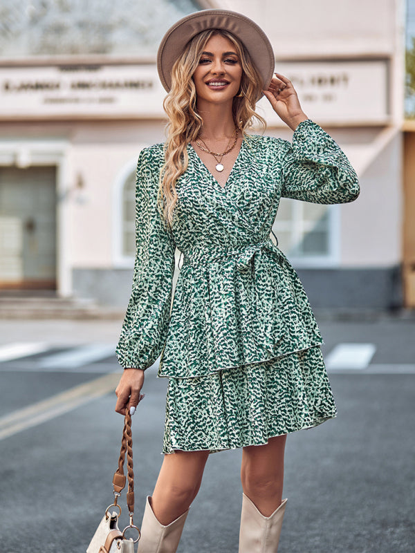 Floral Dresses- Floral Print Wrap V-Neck Double Layered Belt Tie Dress- Green black jasper- Pekosa Women Clothing