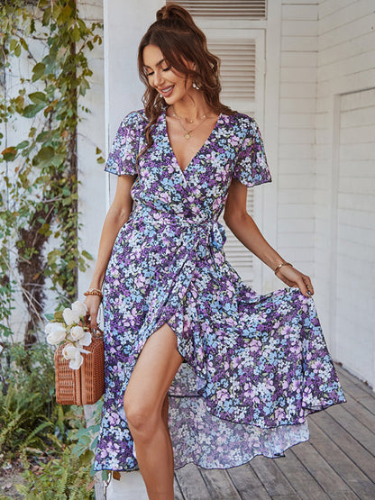 Floral Dresses- Floral Robe Dress with Flared Sleeves, High-Low Skirt and Waist Tie- - Pekosa Women Clothing