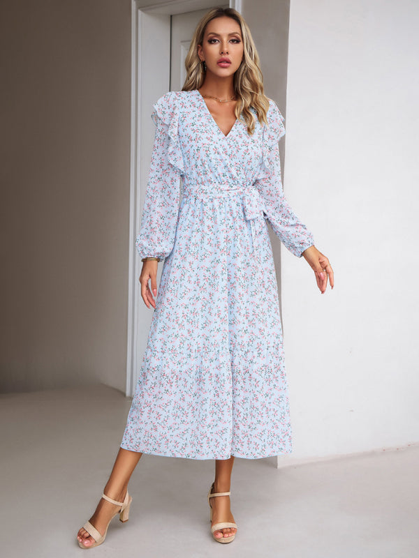 Floral Dresses- Floral Ruffle Belted Surplice Midi Dress with Long Sleeve- Sky blue- Pekosa Women Clothing