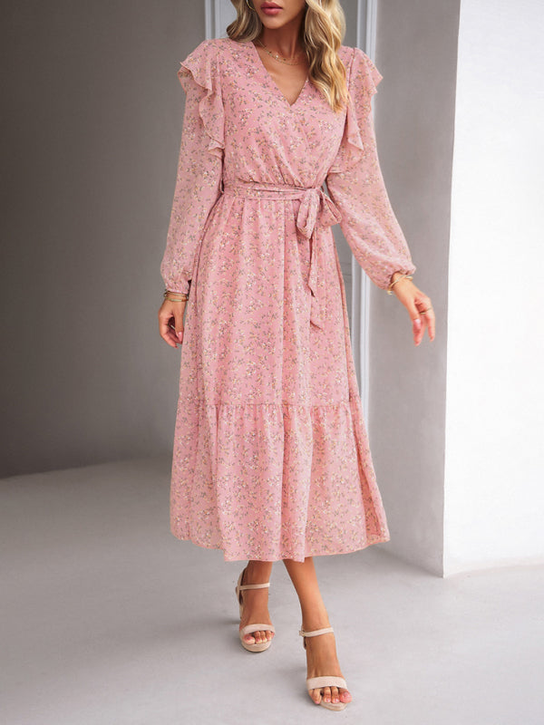 Floral Dresses- Floral Ruffle Belted Surplice Midi Dress with Long Sleeve- - Pekosa Women Clothing