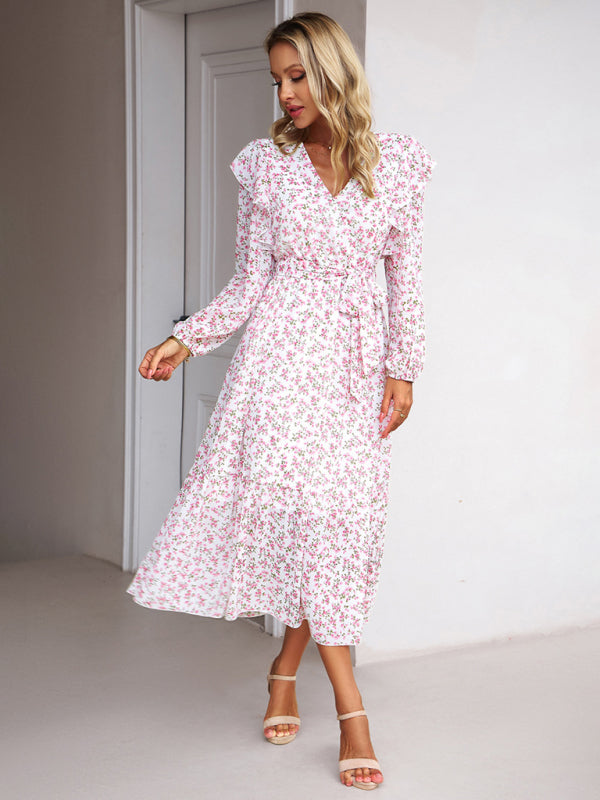 Floral Dresses- Floral Ruffle Belted Surplice Midi Dress with Long Sleeve- - Pekosa Women Clothing