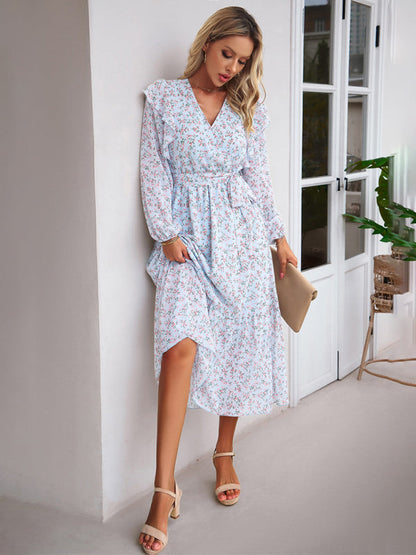 Floral Dresses- Floral Ruffle Belted Surplice Midi Dress with Long Sleeve- - Pekosa Women Clothing