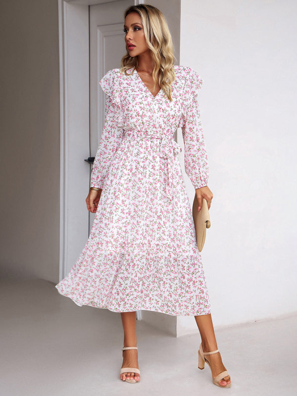 Floral Dresses- Floral Ruffle Belted Surplice Midi Dress with Long Sleeve- - Pekosa Women Clothing