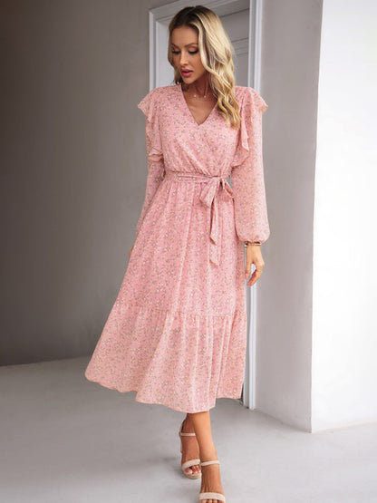 Floral Dresses- Floral Ruffle Belted Surplice Midi Dress with Long Sleeve- - Pekosa Women Clothing