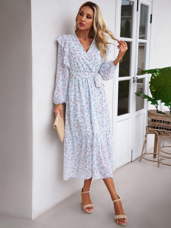 Floral Dresses- Floral Ruffle Belted Surplice Midi Dress with Long Sleeve- - Pekosa Women Clothing