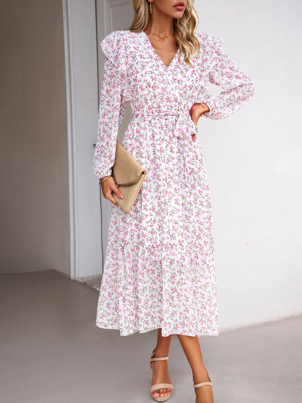 Floral Dresses- Floral Ruffle Belted Surplice Midi Dress with Long Sleeve- - Pekosa Women Clothing