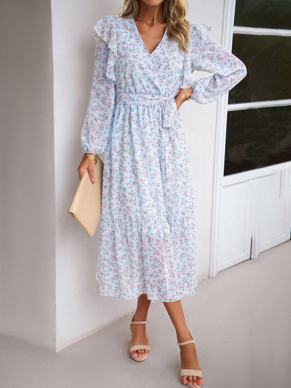 Floral Dresses- Floral Ruffle Belted Surplice Midi Dress with Long Sleeve- - Pekosa Women Clothing