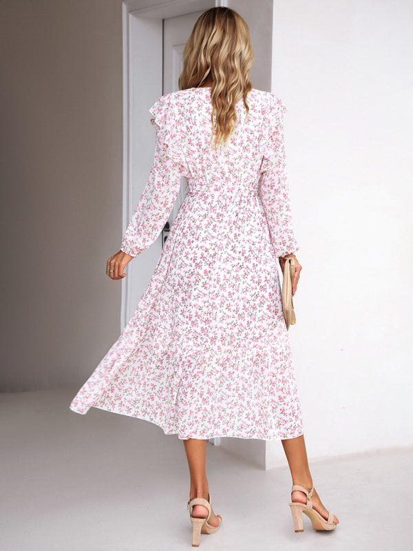 Floral Dresses- Floral Ruffle Belted Surplice Midi Dress with Long Sleeve- - Pekosa Women Clothing