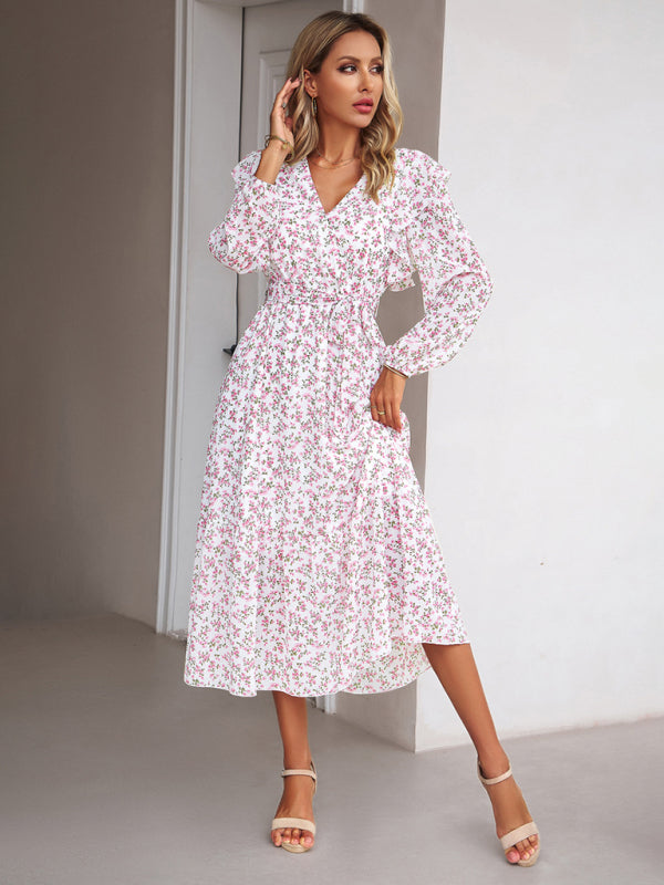 Floral Dresses- Floral Ruffle Belted Surplice Midi Dress with Long Sleeve- - Pekosa Women Clothing