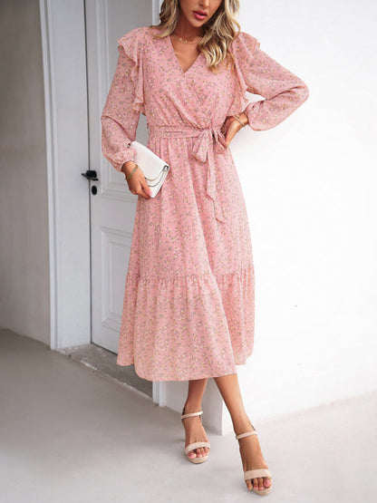 Floral Dresses- Floral Ruffle Belted Surplice Midi Dress with Long Sleeve- - Pekosa Women Clothing