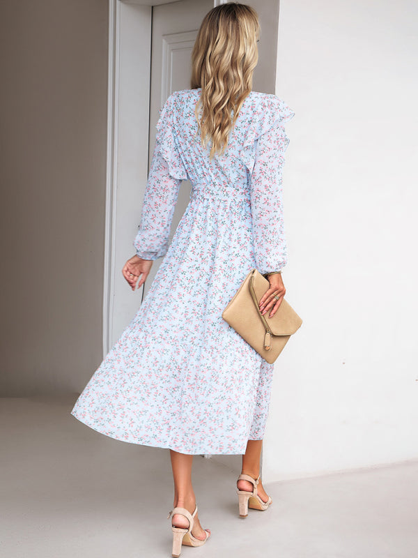 Floral Dresses- Floral Ruffle Belted Surplice Midi Dress with Long Sleeve- - Pekosa Women Clothing