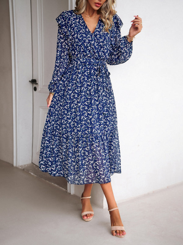 Floral Dresses- Floral Ruffle Belted Surplice Midi Dress with Long Sleeve- - Pekosa Women Clothing