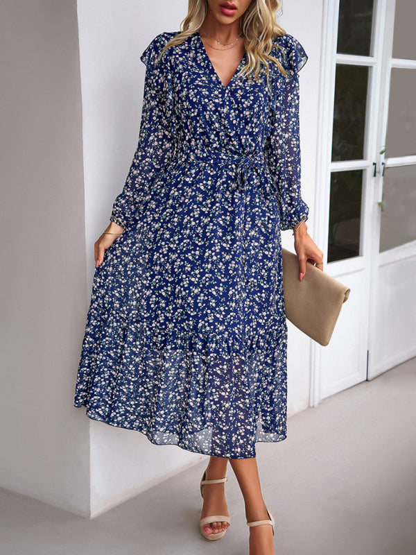 Floral Dresses- Floral Ruffle Belted Surplice Midi Dress with Long Sleeve- - Pekosa Women Clothing