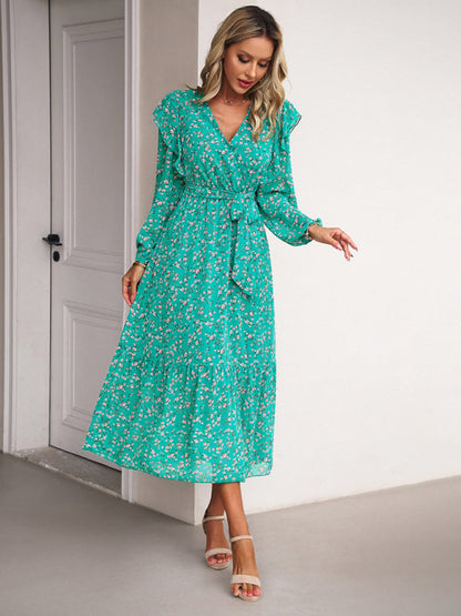 Floral Dresses- Floral Ruffle Belted Surplice Midi Dress with Long Sleeve- - Pekosa Women Clothing