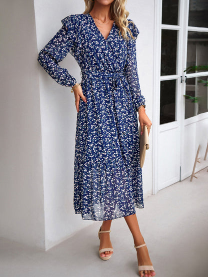 Floral Dresses- Floral Ruffle Belted Surplice Midi Dress with Long Sleeve- Navy Blue- Pekosa Women Clothing