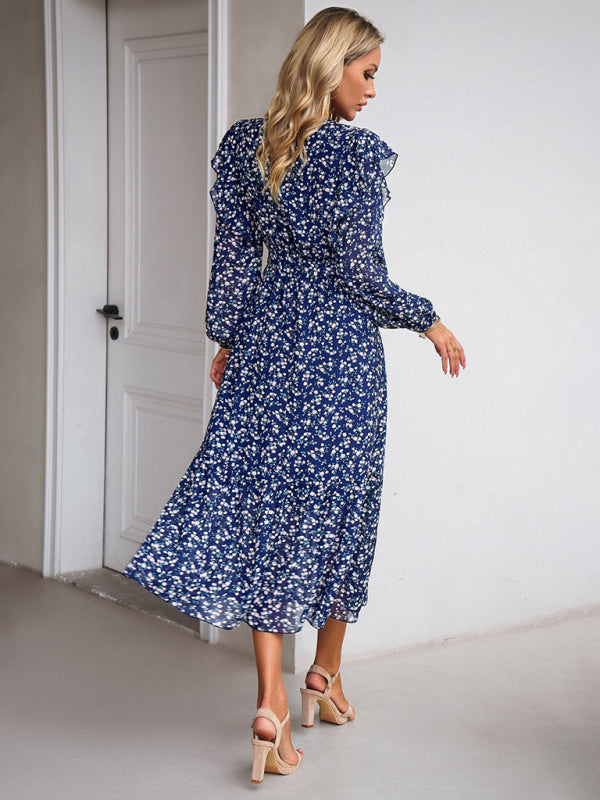 Floral Dresses- Floral Ruffle Belted Surplice Midi Dress with Long Sleeve- - Pekosa Women Clothing