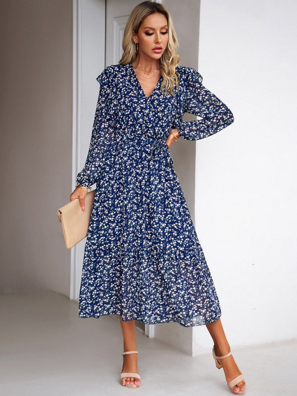 Floral Dresses- Floral Ruffle Belted Surplice Midi Dress with Long Sleeve- - Pekosa Women Clothing