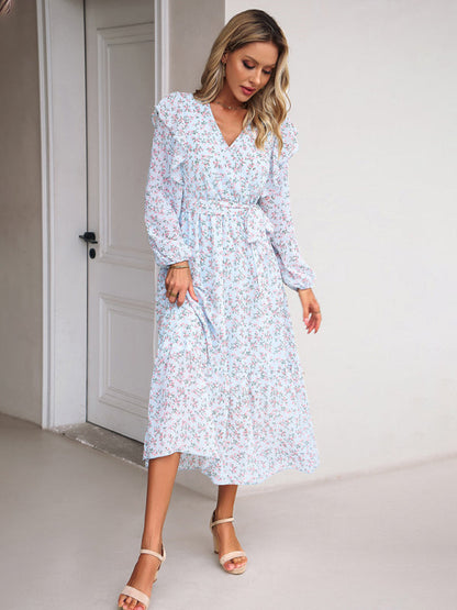 Floral Dresses- Floral Ruffle Belted Surplice Midi Dress with Long Sleeve- - Pekosa Women Clothing