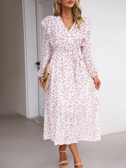 Floral Dresses- Floral Ruffle Belted Surplice Midi Dress with Long Sleeve- White- Pekosa Women Clothing