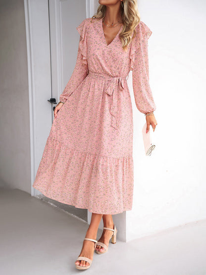 Floral Dresses- Floral Ruffle Belted Surplice Midi Dress with Long Sleeve- - Pekosa Women Clothing