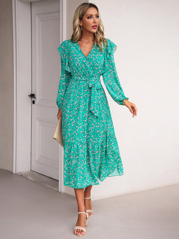 Floral Dresses- Floral Ruffle Belted Surplice Midi Dress with Long Sleeve- Green- Pekosa Women Clothing