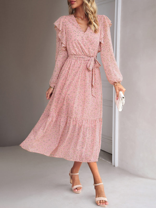 Floral Dresses- Floral Ruffle Belted Surplice Midi Dress with Long Sleeve- Pink- Pekosa Women Clothing