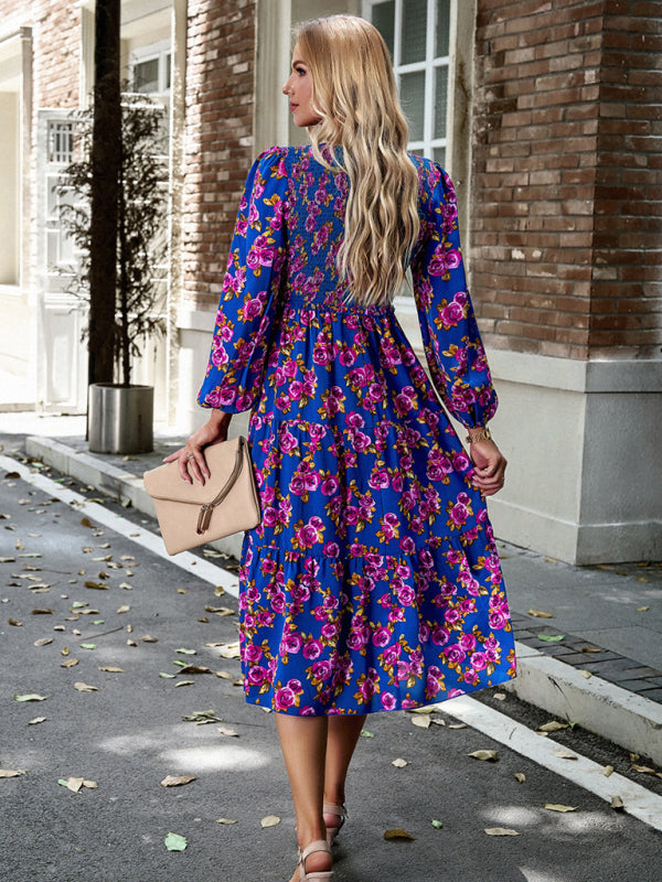 Floral Dresses- Floral Smocked Tiered Long Sleeve Midi Dress- - Pekosa Women Clothing