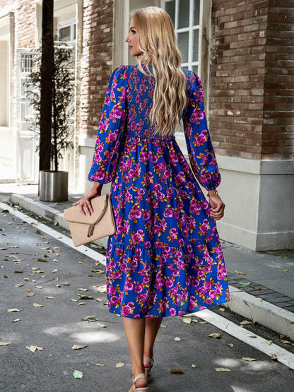 Floral Dresses- Floral Smocked Tiered Long Sleeve Midi Dress- - Pekosa Women Clothing