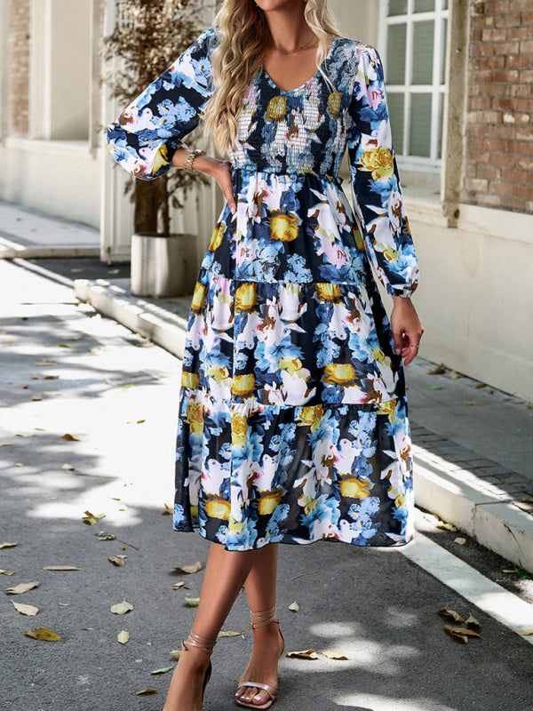 Floral Dresses- Floral Smocked Tiered Long Sleeve Midi Dress- - Pekosa Women Clothing