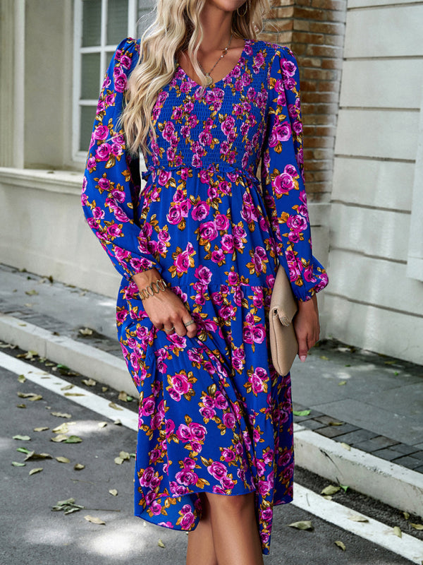 Floral Dresses- Floral Smocked Tiered Long Sleeve Midi Dress- - Pekosa Women Clothing