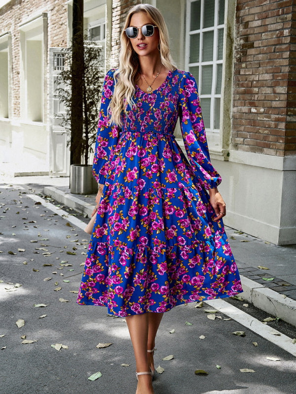 Floral Dresses- Floral Smocked Tiered Long Sleeve Midi Dress- - Pekosa Women Clothing